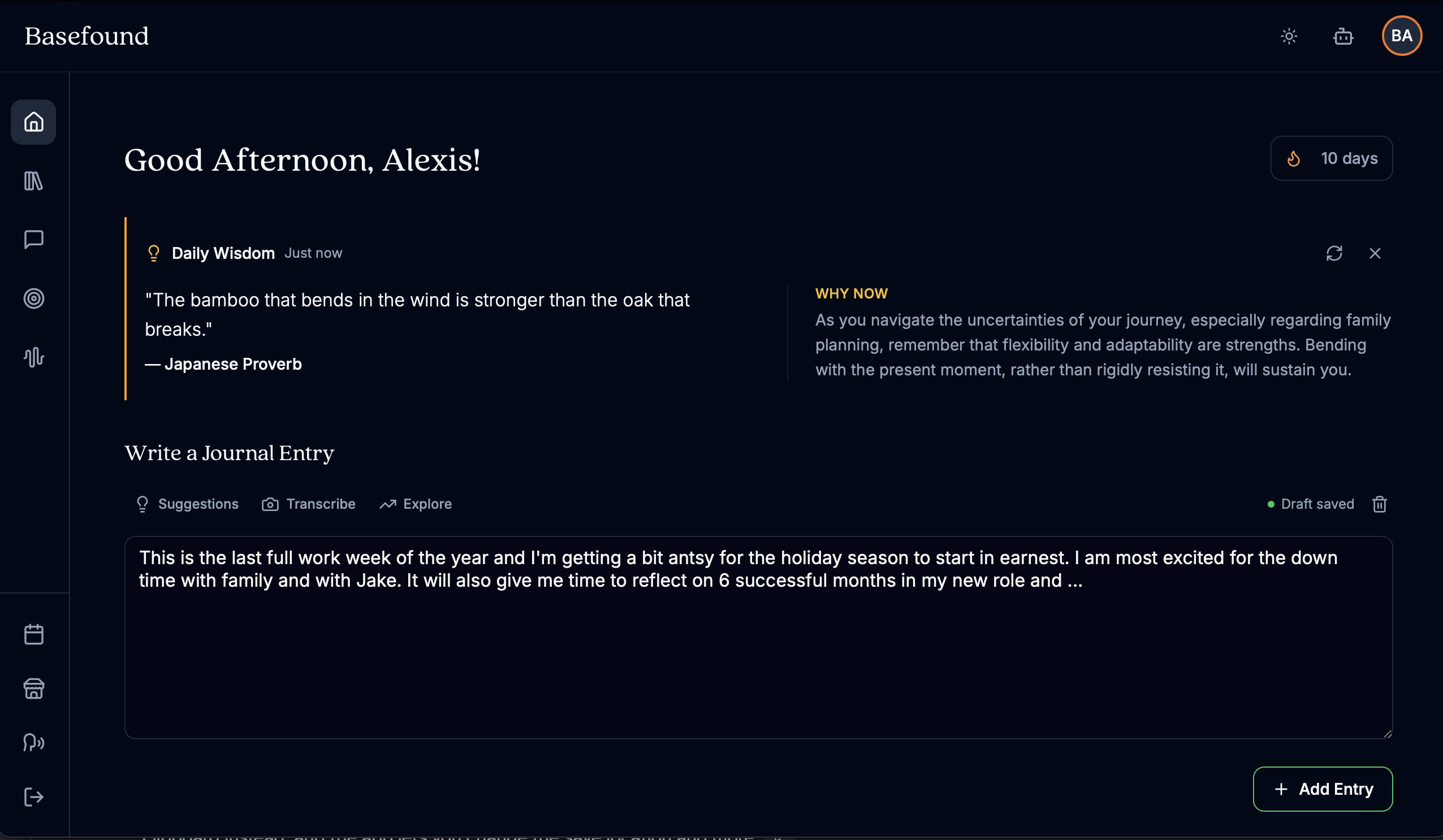 Dashboard with journal entry